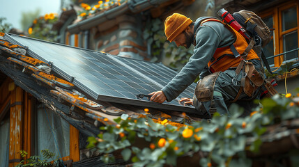 A construction engineer installs solar panels on the roof of a house. Alternative and renewable energy concept.