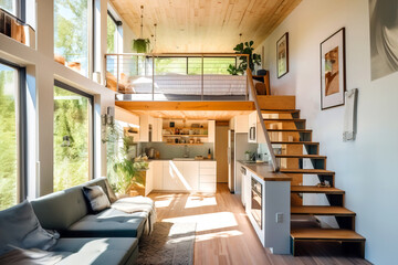 Living room with couch and stairs in a tiny house