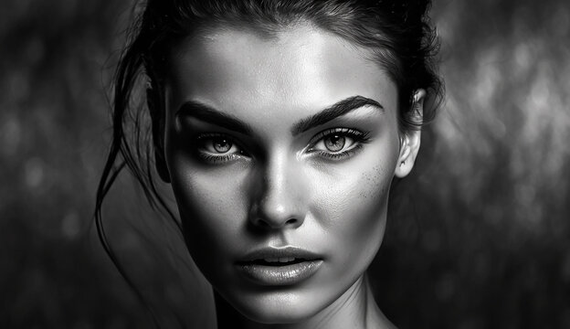 Portrait of a brunette girl with commanding features, black and white version of the photo. Generative AI