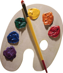 artist's palette, Wooden art palette with blobs of paint and a brushes on white background