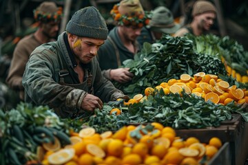 A man is cutting oranges in a market