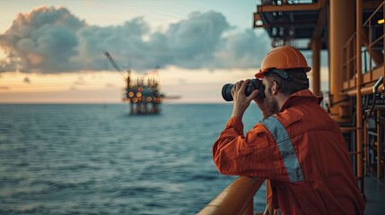 Obraz premium a worker using binoculars to scan the horizon from an oil platform, subtly highlighting the vast expanse of the sea and the industrious nature of offshore operations.