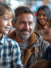 Fototapeta premium A man with a beard and gray hair is smiling at a group of children