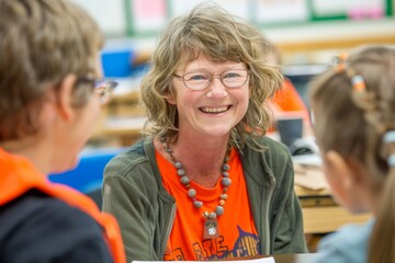 A woman wearing glasses and an orange shirt smiles at a group of children - Powered by Adobe