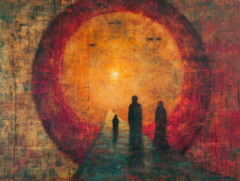 Abstract figures against a Byzantine-style backdrop. Generative AI image