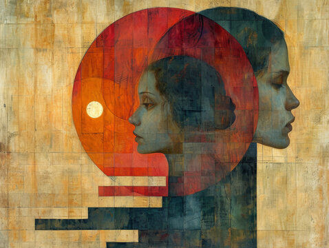 Abstract Byzantine Style Portrait of Two Female Figures. Generative AI image
