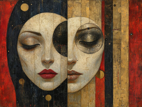 Split face illustration inspired by Byzantine art. Generative AI image