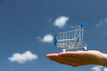 A supermarket trolley on a man's arm against the sky. Online shopping.