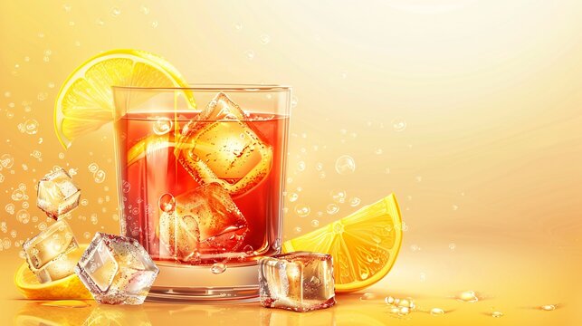 negroni cocktail, illustrator, 2d vector, lemon garnish, ice cube in glass, light yellow background