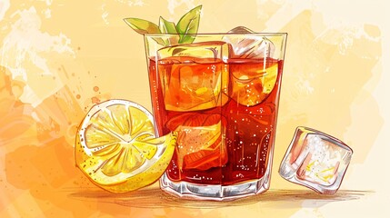 negroni cocktail, illustrator, 2d vector, lemon garnish, ice cube in glass, light yellow background
