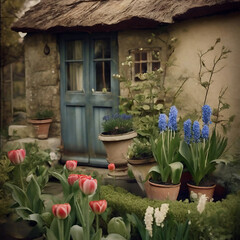 Fototapeta na wymiar Tulips and hyacinths in flower pots in the garden of cottage.
