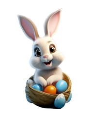 The Easter bunny sits next to decorated eggs on the transparent background in the style of 3D animation.