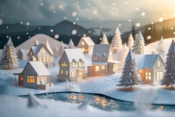 Naklejka premium Winter Village Scene on White Paper in a Festive Atmosphere