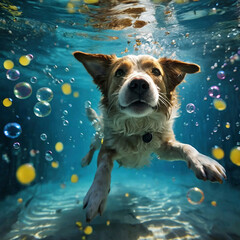 Cute beagle dog swimming underwater in the water and looking at the camera