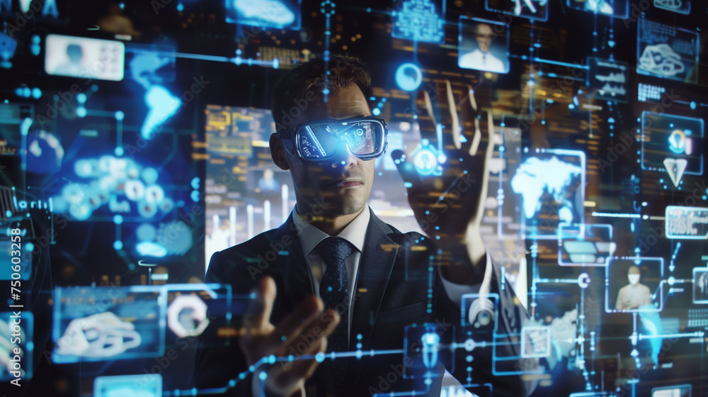 Poster businessman working with virtual screens, futuristic virtual technology use in business, data displa