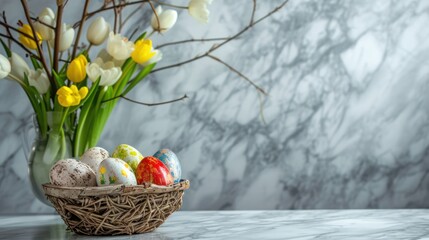 Easter background. Beautiful composition of colorful eggs and spring flowers on a delicate background. Spring holidays concept with copy space.