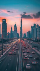 Obraz premium skyline against the backdrop of its busiest highway, showcasing the dynamic cityscape amidst bustling traffic.