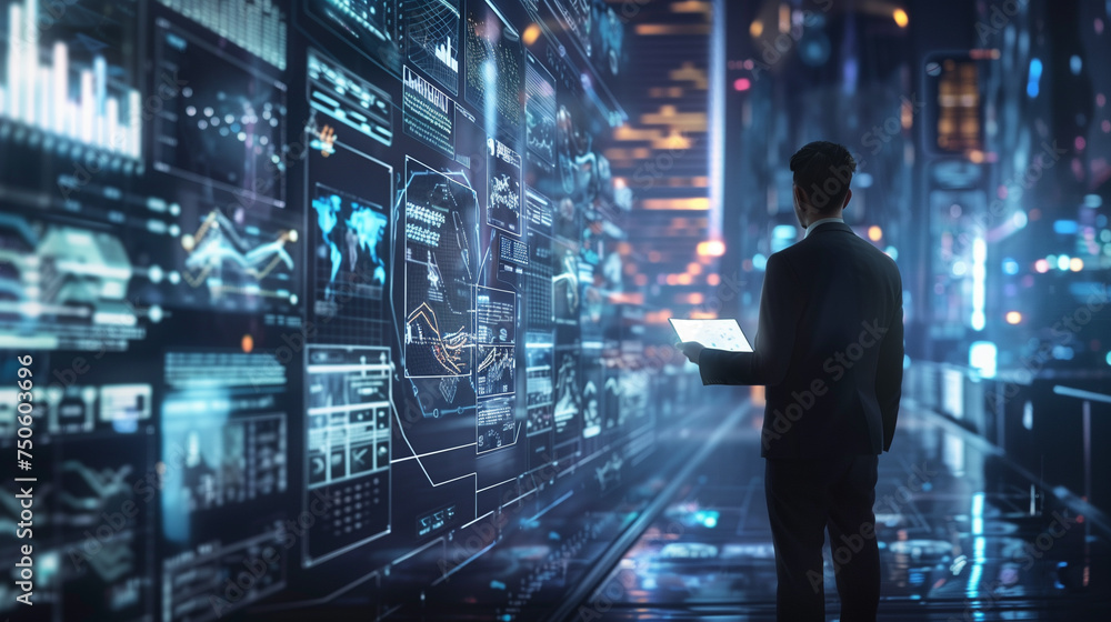 Poster businessman working with virtual screens, futuristic virtual technology use in business, data displa