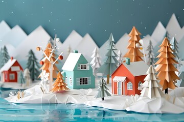 Winter Scene with Papercraft Holiday Village - obrazy, fototapety, plakaty