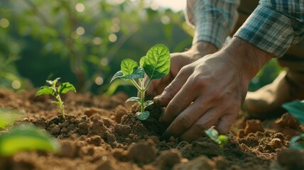 Fototapeta premium a young man delicately plant a seedling, symbolizing hope and growth.