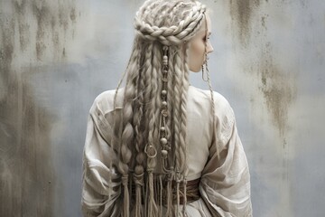 Fashionable young woman with beautiful braided dreadlocks hairstyle captured from behind