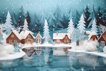 Naklejka premium Christmas Village in Snowy Winter Forest with Papercraft Style