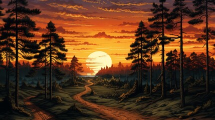 Scenic spring sunset in forest with artistic painting style, tranquil nature landscape illustration