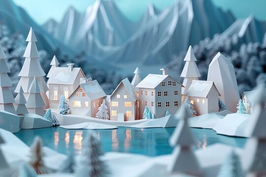 Hand Drawn Papercraft Winter Village with Lake and Trees