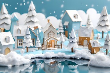 3D Paper Christmas Village in Snowy Place