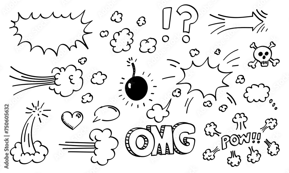 Poster Set of vector doodles on isolated background. Speech bubbles. Сomic doodles set. Handcrafted elements. Vector EPS 10