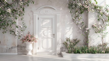 a white decorative entrance door adorned with a soft pink flowers garland, inviting viewers into a world of elegance and charm, where every detail speaks of warmth and welcome.