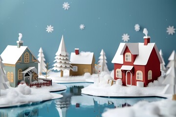 Photorealistic 3D Paper Architecture Christmas Snow Scene