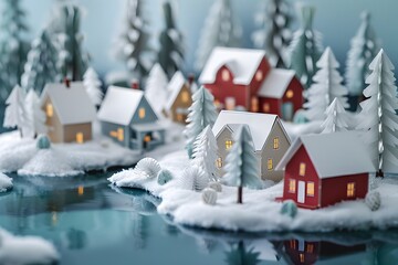 Naklejka premium Paper Town in Winter A Festive Holiday Scene