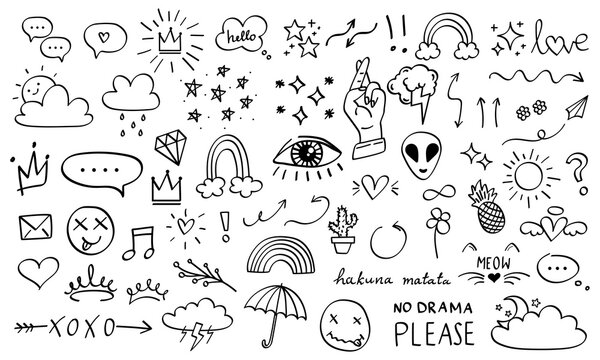 Set of vector doodles on isolated background. Drawings by hand. Arrows, hearts, clouds, rainbows, emoticons, etc. Collection of doodles for your design. Vector EPS 10