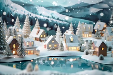 Winter Christmas Village Paper Art