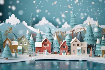 Holiday Scene in 3D Paper Art with Winter Village and Christmas Trees
