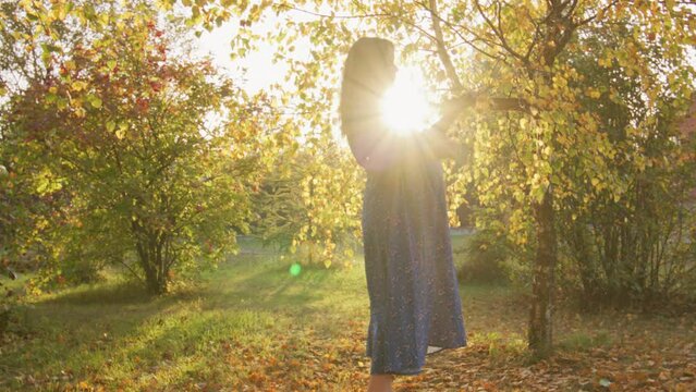 Beautiful pregnant woman having walk in the park