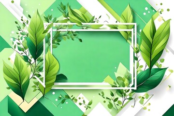 Spring background with green leaves and square frame on trendy geometric backdrop. Vector illustration,frame with green leaves Spring background with green leaves