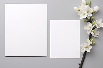 Two white paper sheets adorned with delicate cherry blossoms on a grey background, elegant and soft
