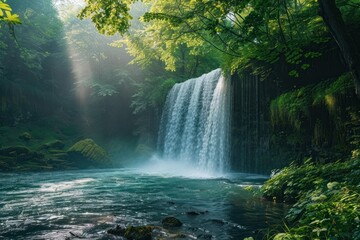 A large waterfall in the middle of a lush green forest