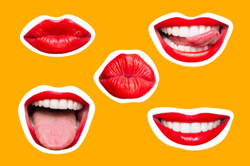 Set of woman's mouths with red glossy lips: smiling, showing tongue, kissing isolated on white yellow background. Smiles, joy, laughter. Contemporary art. Modern design, creative collage. Trendy icons