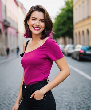 a young woman with fair skin and shoulder-length brunette hair that fades into magenta smiling playfully over her shoulder, wearing a fitted short-sleeved black top and high-waisted black jeans.