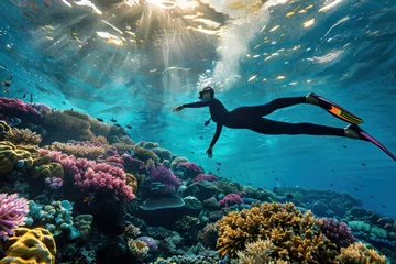 Gordijnen A person in a wet suit is swimming over a coral reef © Muh
