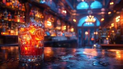  drink with oval glass, dark atmosphere, hyper realistic