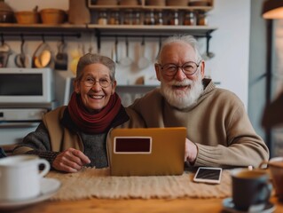 An elderly couple smiling as they discover the convenience of online shopping for the first time
