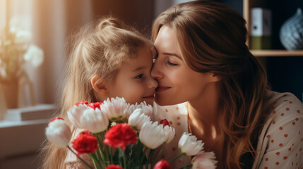 Happy mother's day. Child daughter congratulates mom and gives her flowers. Mum and girl smiling and hugging. Family holiday and togetherness. Cute little girl with her mother. Mother's day concept