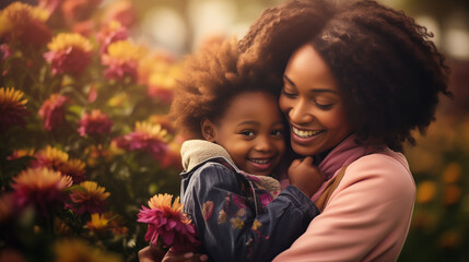 Happy mother's day. Child daughter congratulates mom and gives her flowers. Mum and girl smiling and hugging. Family holiday and togetherness. Cute little girl with her mother. Mother's day concept - obrazy, fototapety, plakaty