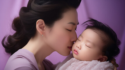 Close up portrait of beautiful young asian caucasian mother day girl kissing her healthy newborn baby sleep with copy space Healthcare and medical love asian women lifestyle mother's day concept - obrazy, fototapety, plakaty