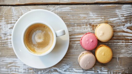 Cup of coffee with macaroon dessert on light wooden background, top view