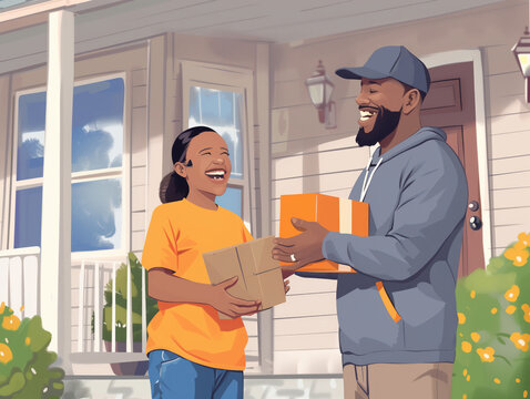 Illustration of a family smiling as they receive a package delivery at their doorstep